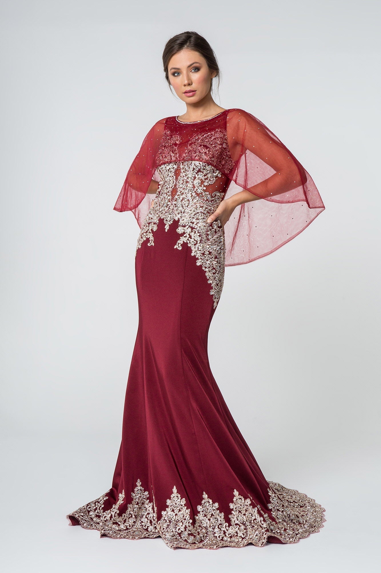 Long Formal Dress Evening Gown Cape Sleeves
