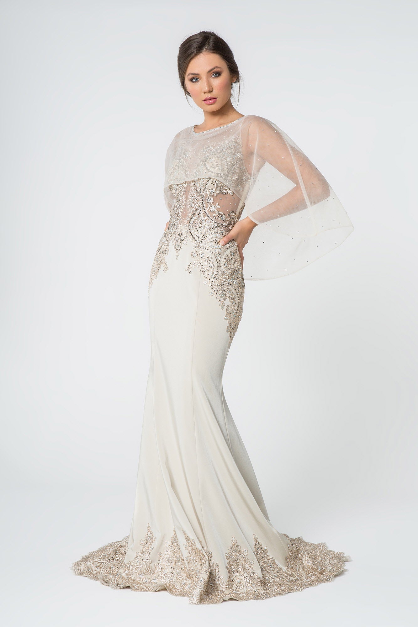 Long Formal Dress Evening Gown Cape Sleeves