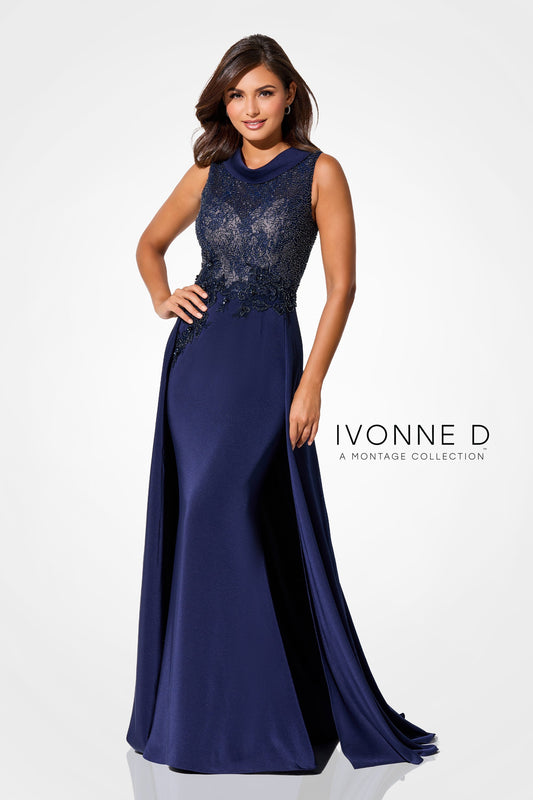 Ivonne D ID321 Beaded Lace Long Formal Overskirt Evening Dress