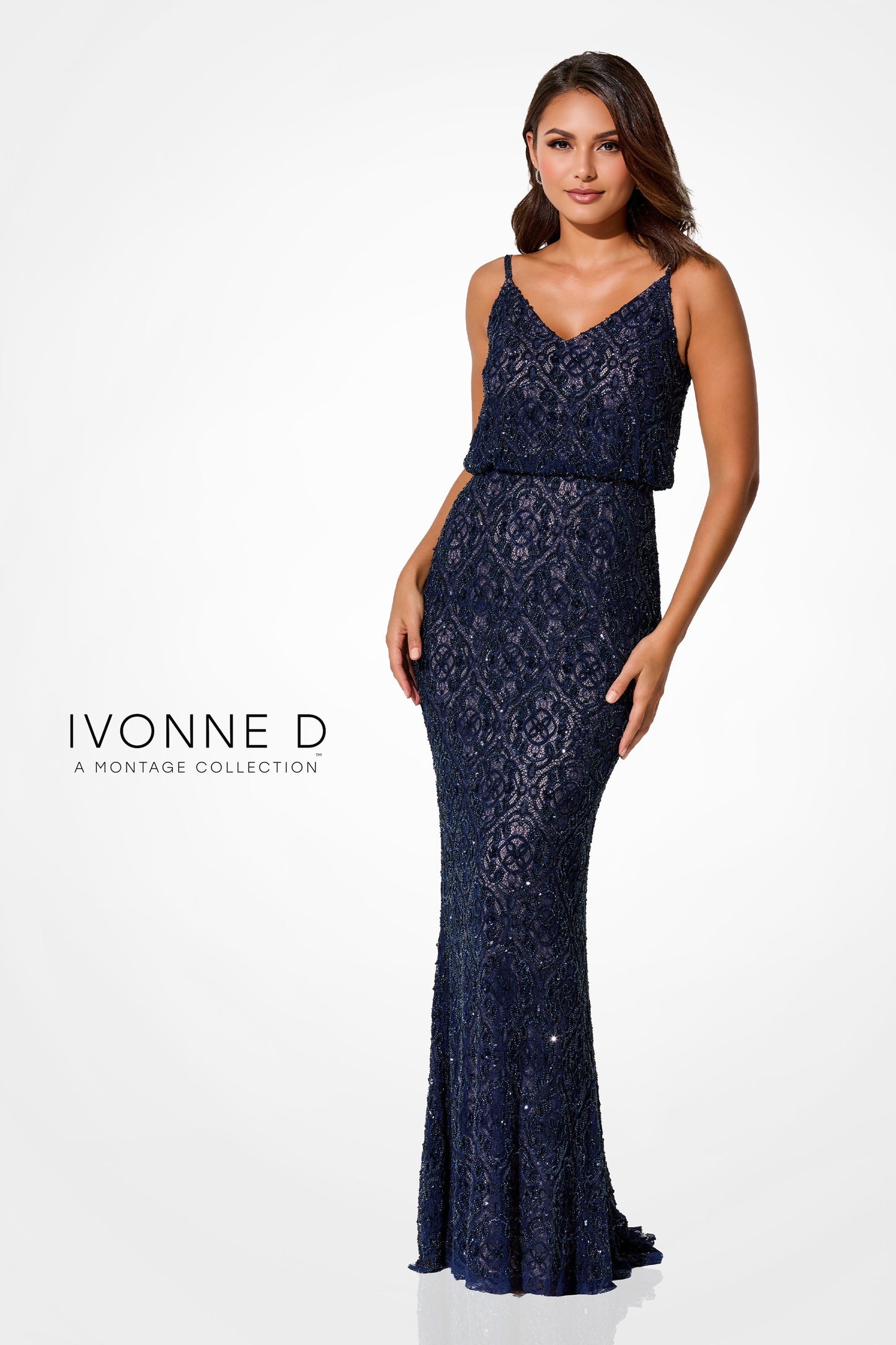 Ivonne D ID322 Beaded Lace Long Formal Sequin Evening Gown