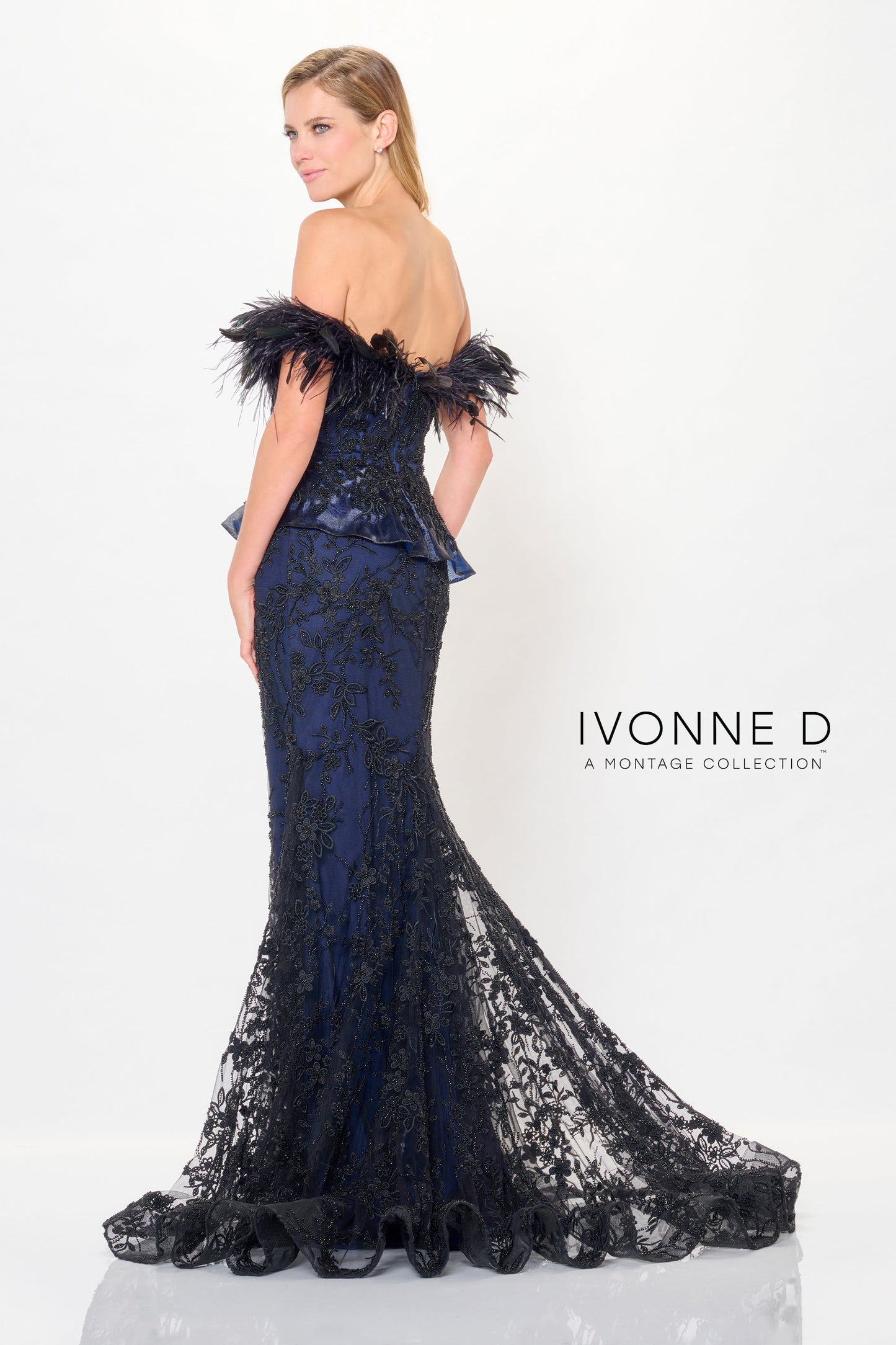 Ivonne D ID6208 Long Mermaid Formal Peplum Feather Evening Dress