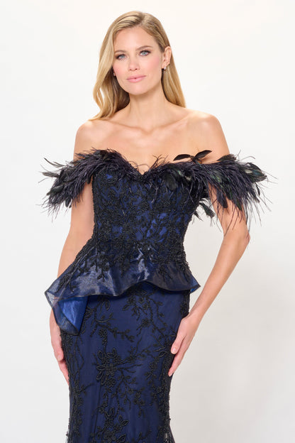 Ivonne D ID6208 Long Mermaid Formal Peplum Feather Evening Dress