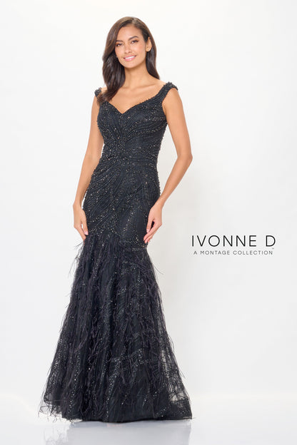 Ivonne D ID6213 Long Beaded Formal Feather Evening Dress