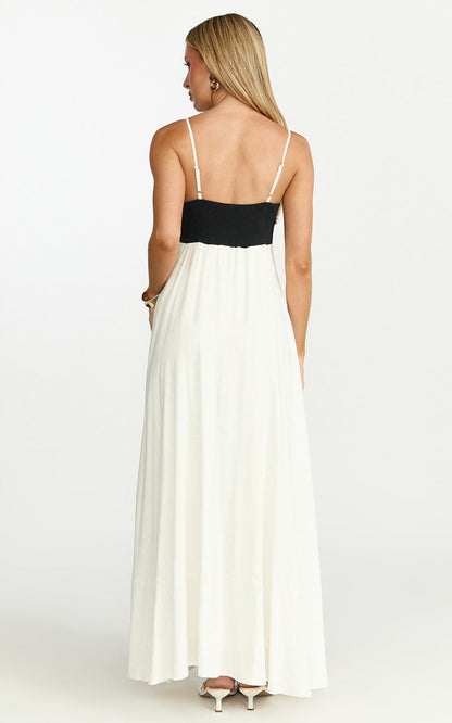 Katrien Maxi Dress - Strappy Empire Waist Flare Dress in Black & White