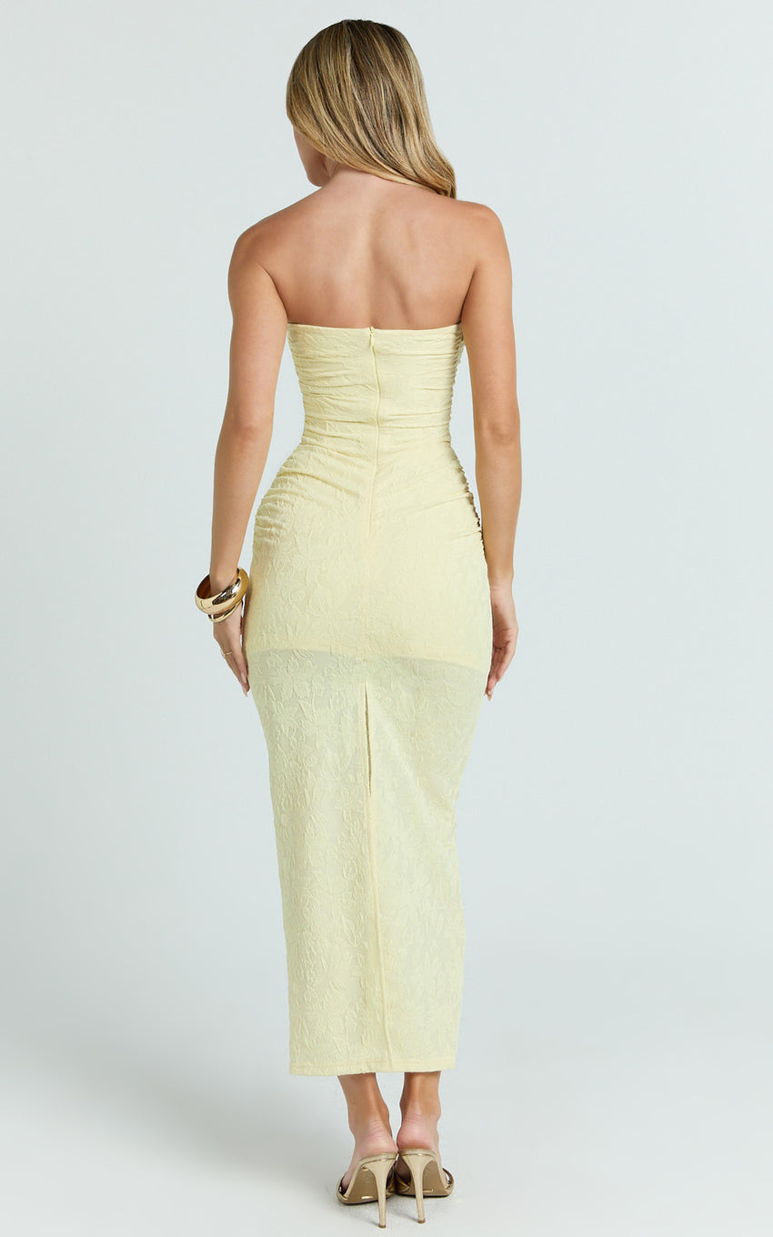 Kayrene Midi Dress - Strapless Bodycon Dress in Butter Yellow