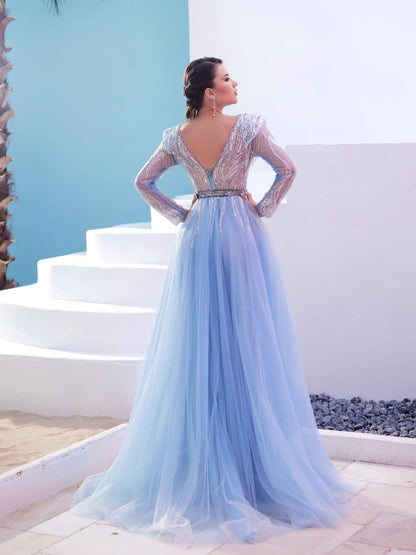Modessa Couture M20362 A Line Long Sleeve Formal Sequin Evening Dress