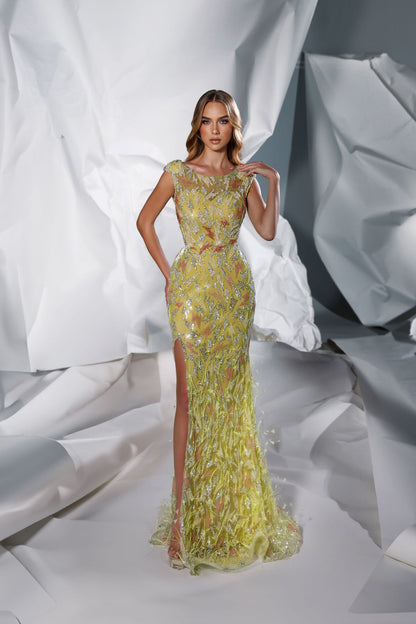 Modessa Couture M24624 Fitted Long Formal Feather Slit Evening Dress