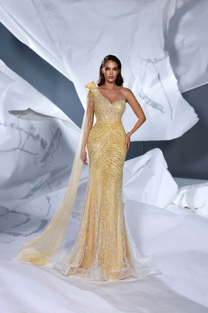 Modessa Couture M24643 Beaded Long Mermaid Formal Cape Prom Dress