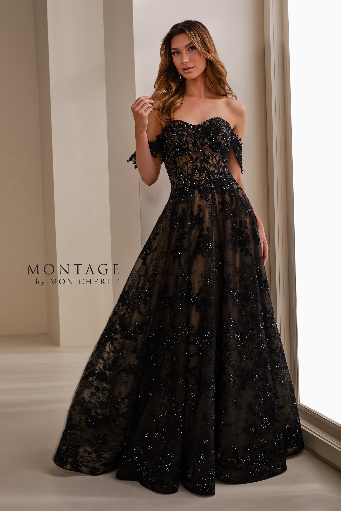 Montage M3105 Long A Line Formal Beaded Floral Evening Dress
