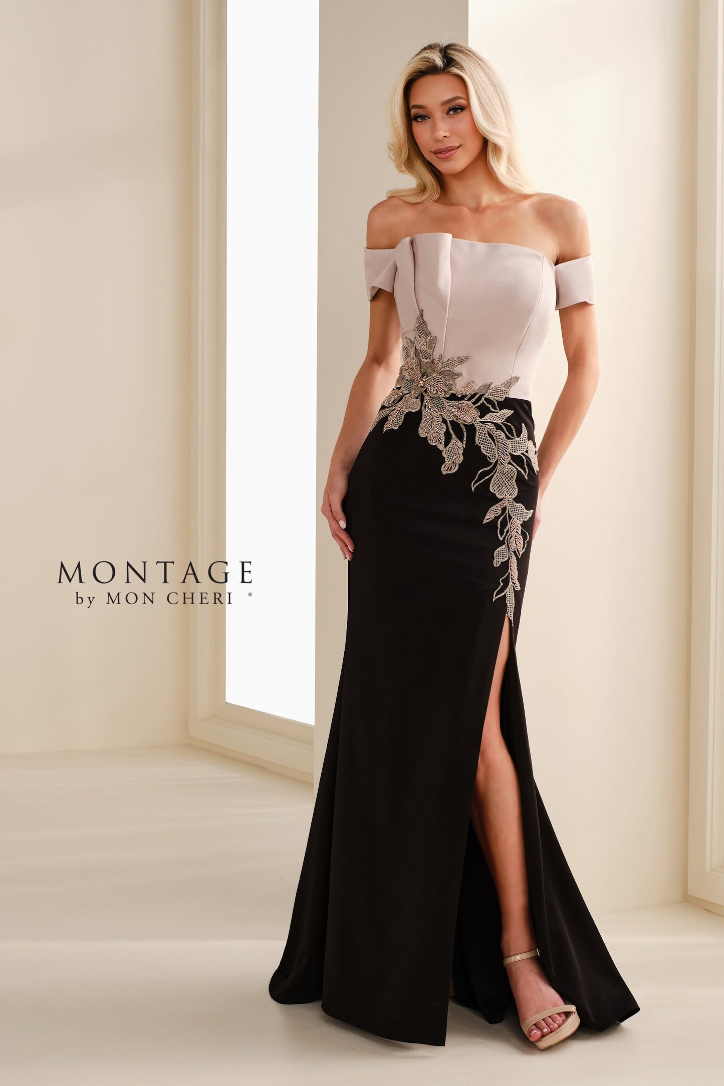 Montage M3113 Long Formal Beaded Lace Applique Evening Dress
