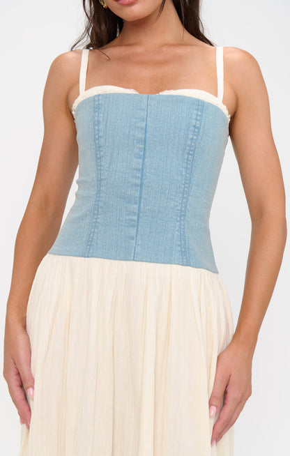 Tiffany Maxi Dress ~ Light Indigo with Cream Voile