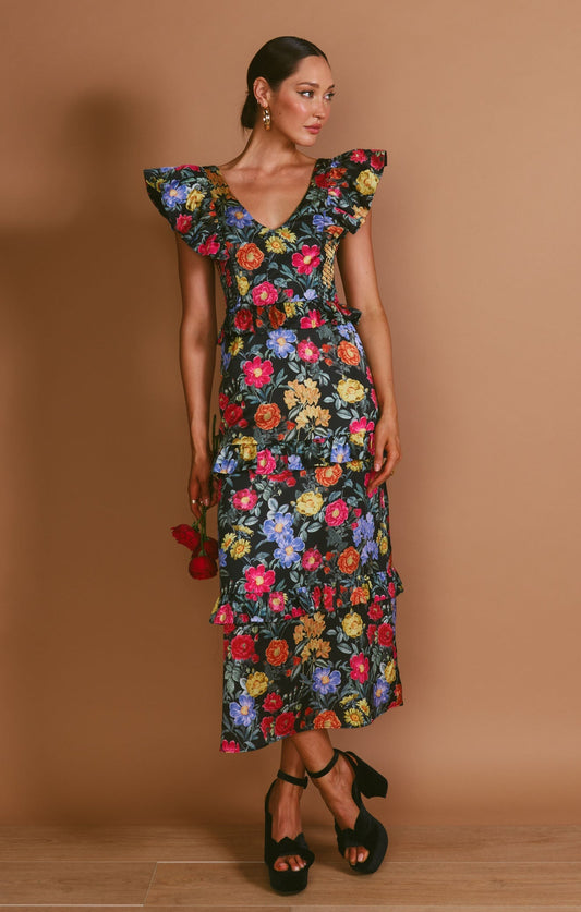 Lindsay Midi Dress ~ Charm Peony Black Luxe Satin