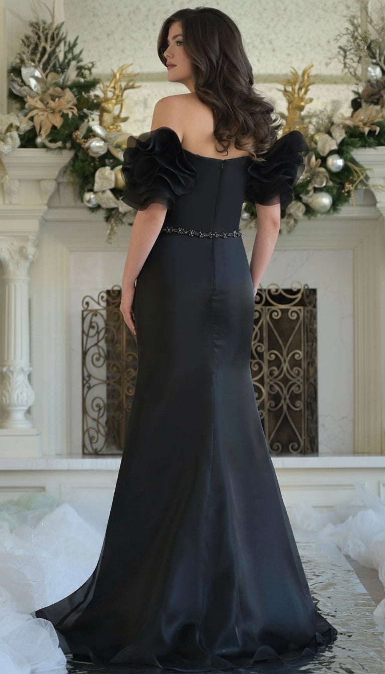 Marsoni MV1353 Long Beaded Ruffle Formal Evening Dress