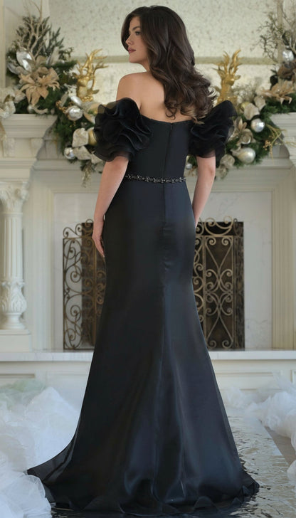 Marsoni MV1353 Long Beaded Ruffle Formal Evening Dress