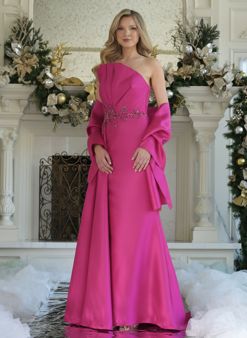 Marsoni MV1356 Beaded Applique Long Formal Evening Pleated Dress