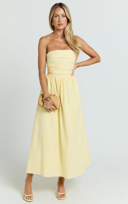 Polly Midi Dress - Strapless Ruched Dress in Lemon