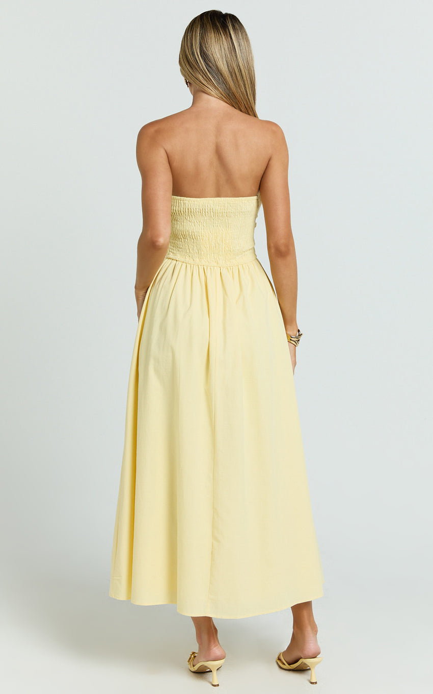Polly Midi Dress - Strapless Ruched Dress in Lemon
