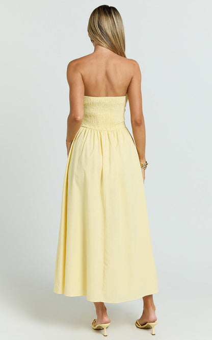 Polly Midi Dress - Strapless Ruched Dress in Lemon