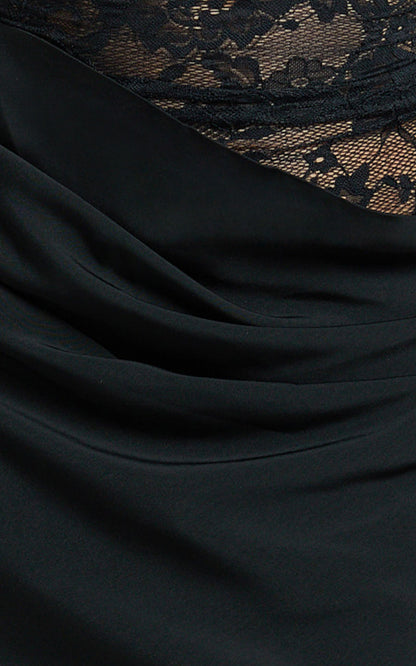 Rania Mini Dress - Square Neck Cowl Waist Lace Dress in Black