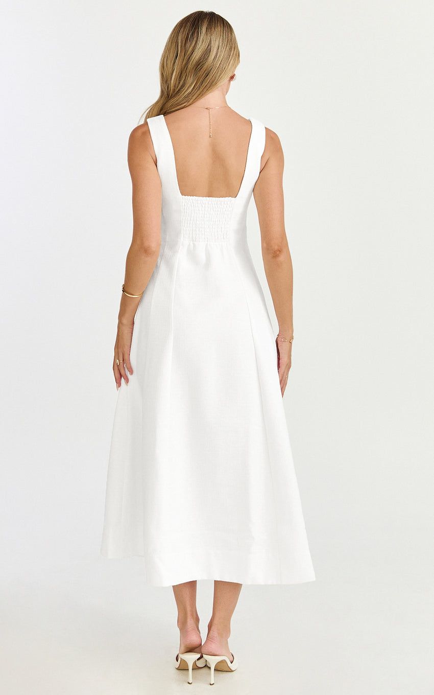 Walters Midi Dress - Square Neck Shirred Back Fit and Flare Panel Dress in White