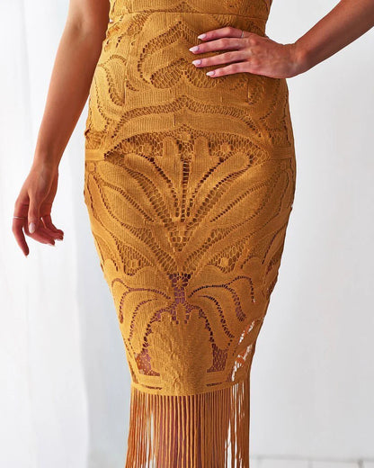Khaleesi Dress - Mustard - Lace Dress With Fringe