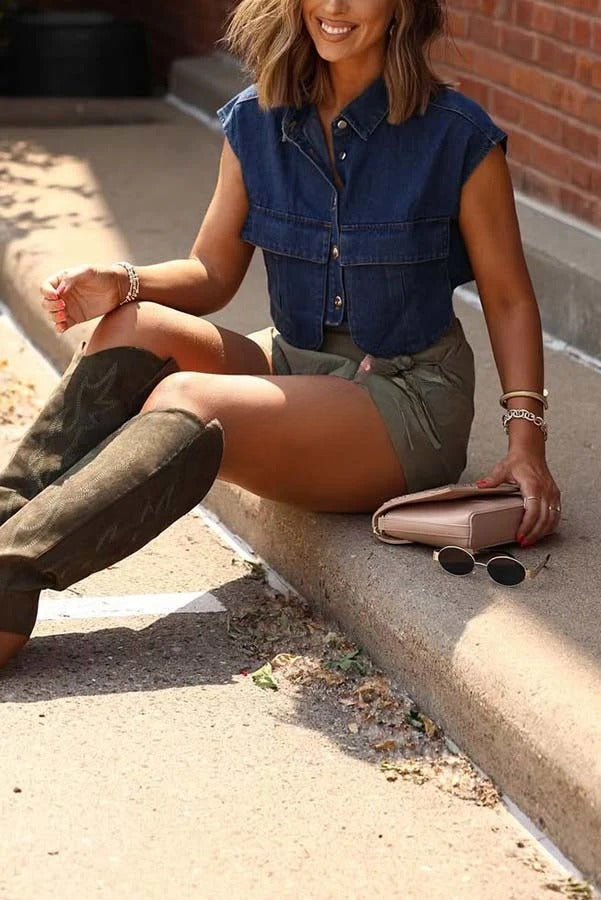 Stylish Weekend Denim Button Up Cape Sleeve Pocket Crop Top