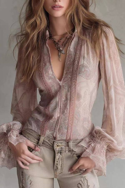 Paisley Print V-Neck Lace-Trim Puff Sleeve Blouse