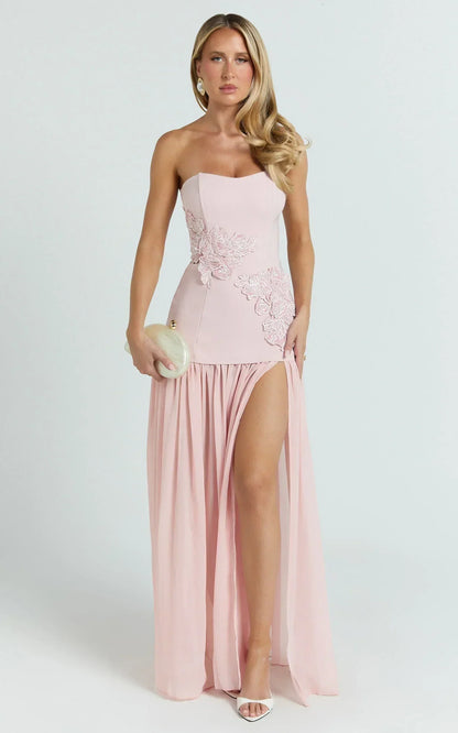 Jefferies Maxi Dress - Peplum Bodice Contrast Georgette Dress in Pink