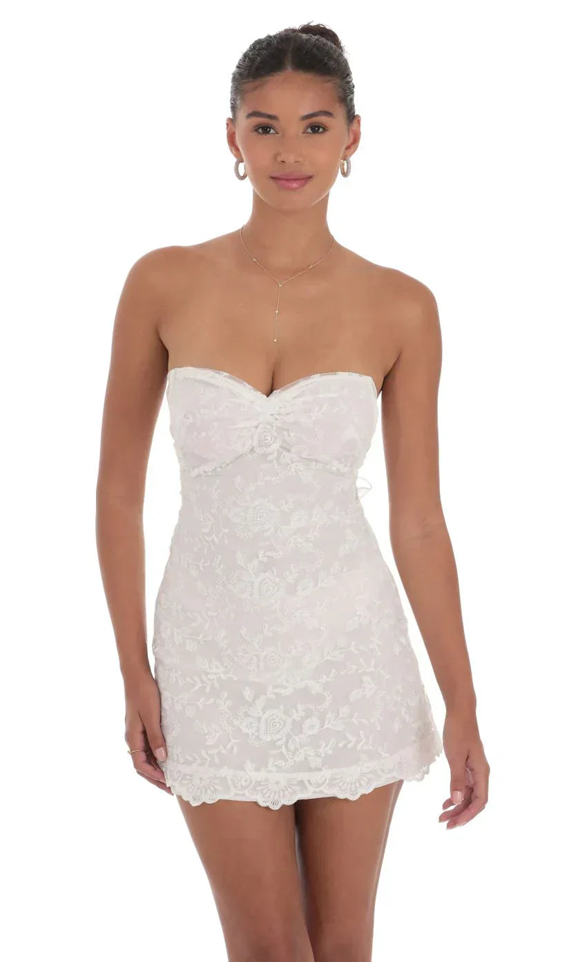 Embroidered Floral Strapless Dress in White