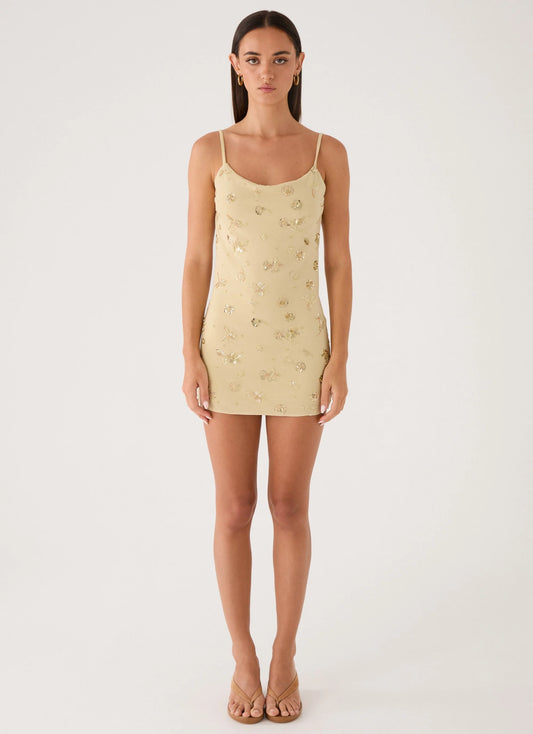 Levanna Beaded Sequin Mini Dress - Pale Olive