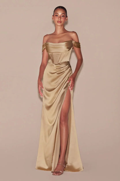 MABEL GOWN - OFF THE SHOULDER LUXE SATIN CORSET DRESS