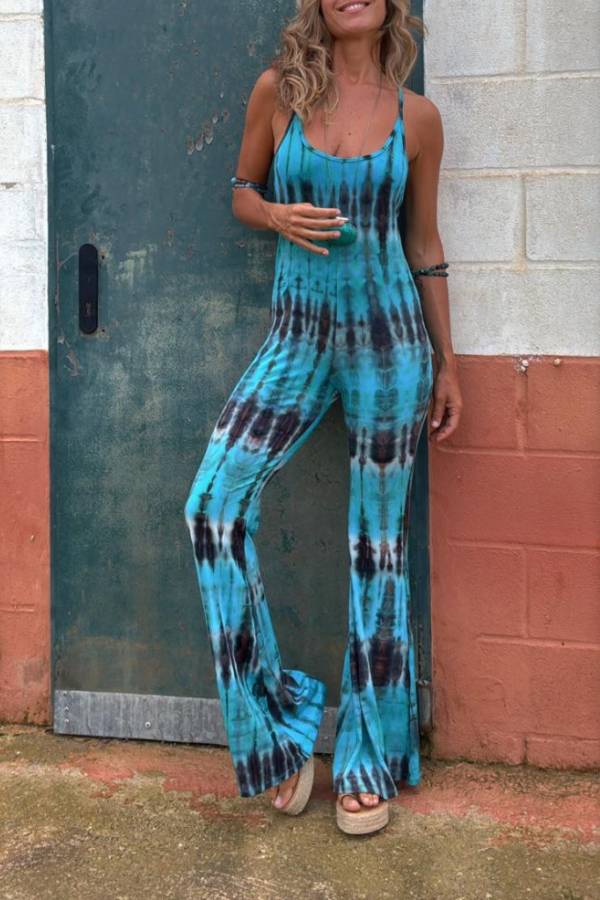 Exclusive Style Tie-dye Print Backless Tie-up Stretch Flared Jumpsuit