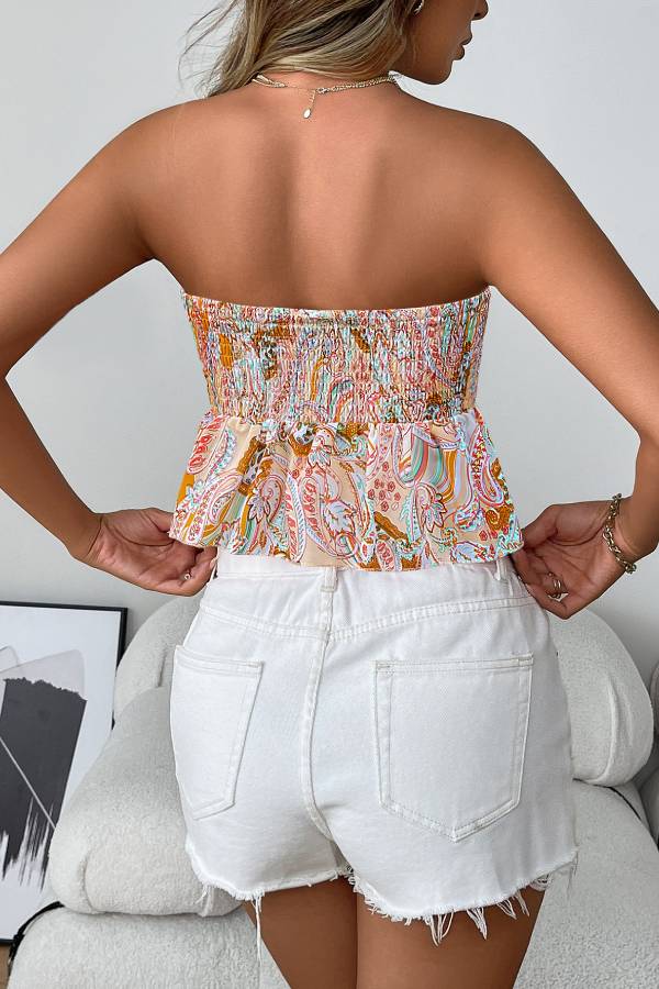 Paisley Print Strapless Ruched Asymmetrical Hem Top