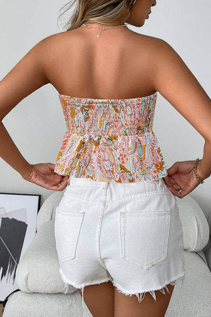Paisley Print Strapless Ruched Asymmetrical Hem Top