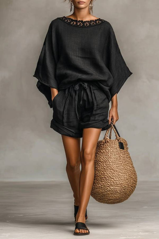 Minimalist Lace Boat Neck Blouse And Shorts Set