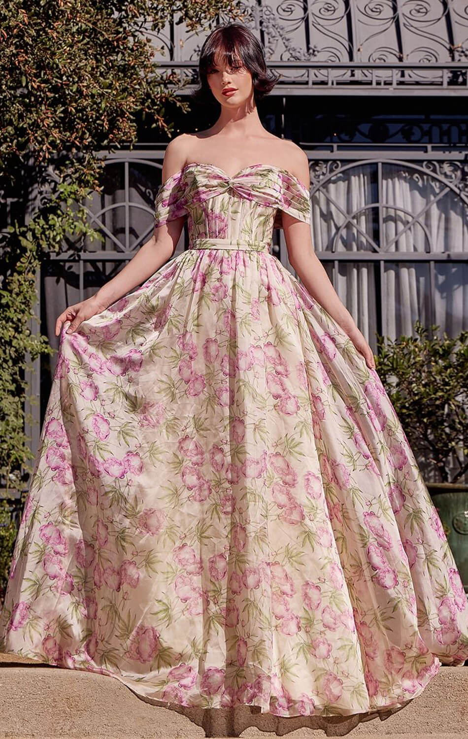 A1466 - FLORAL PRINTED OFF THE SHOULDER A-LINE DRESS - Andrea & Leo