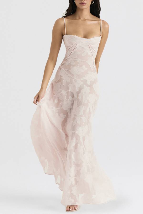 Spaghetti Strap Jacquard Lace Waist-Cinched Tie Maxi Dress
