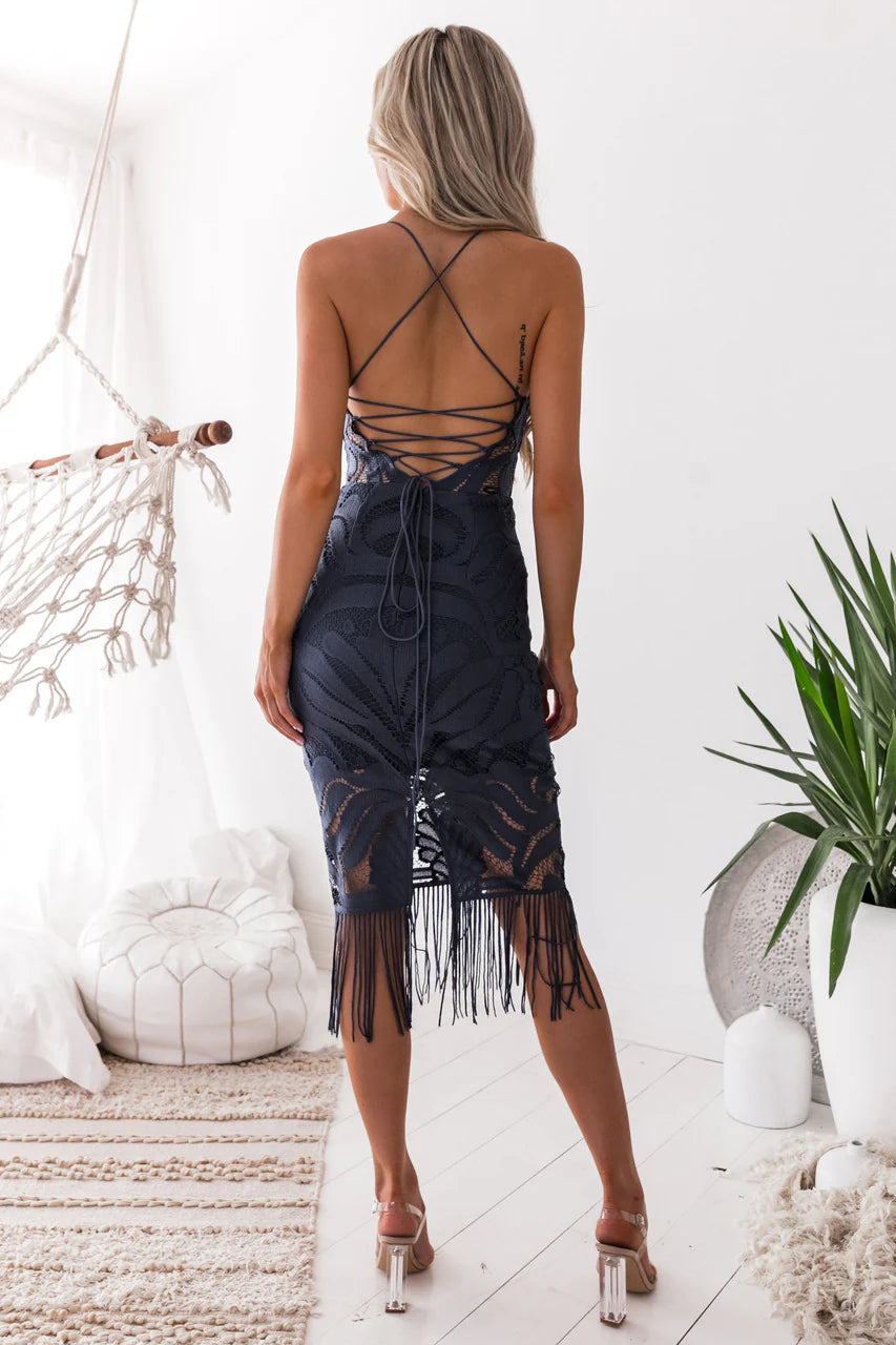 Khaleesi Dress - Steel Blue - Lace Dress With Fringe