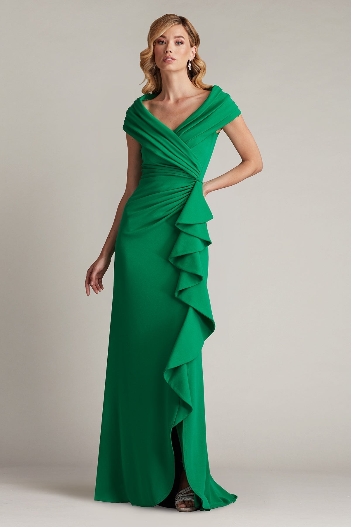 Tadashi Shoji BOS24740L Pleated Long Ruffle Slit Prom Dress