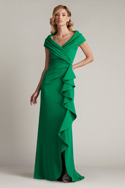 Tadashi Shoji BOS24740L Pleated Long Ruffle Slit Prom Dress