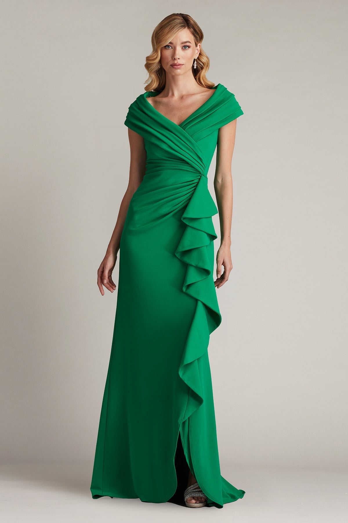 Tadashi Shoji BOS24740L Pleated Long Ruffle Slit Prom Dress