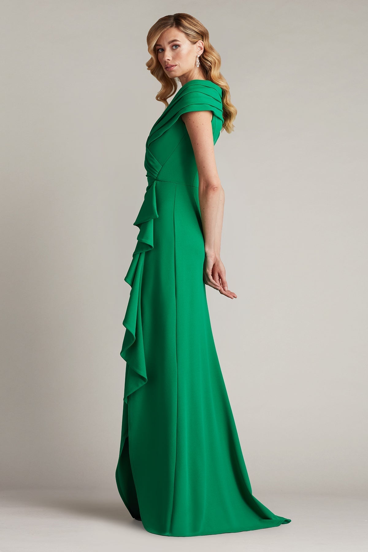 Tadashi Shoji BOS24740L Pleated Long Ruffle Slit Prom Dress