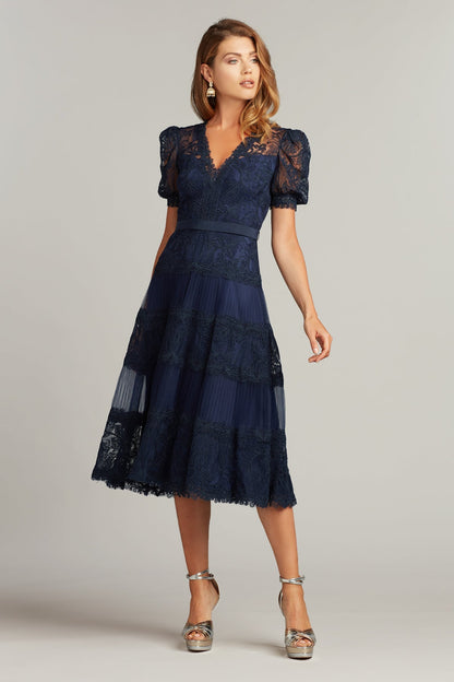 Tadashi Shoji BSU21108MD Pleated Floral Lace Midi Cocktail Dress