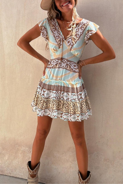 Surat Unique Color Block Print Ruffle Sleeve Elastic Waist Backless Mini Dress