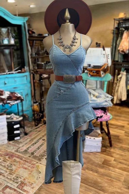 Western Style V-Neck Spaghetti Strap Cinched Waist Asymmetrical Ruffle Denim Dress