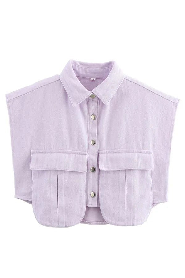 Stylish Weekend Denim Button Up Cape Sleeve Pocket Crop Top