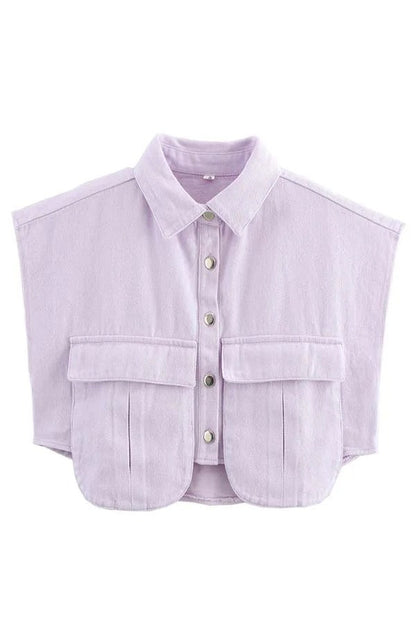 Stylish Weekend Denim Button Up Cape Sleeve Pocket Crop Top