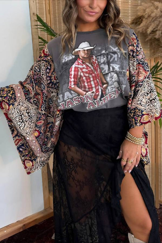 Retro print patchwork sleeve top