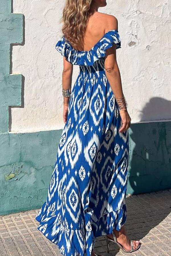 Off-the-Shoulder Ruffle Geometric Print Waist-Cinched Maxi Dress