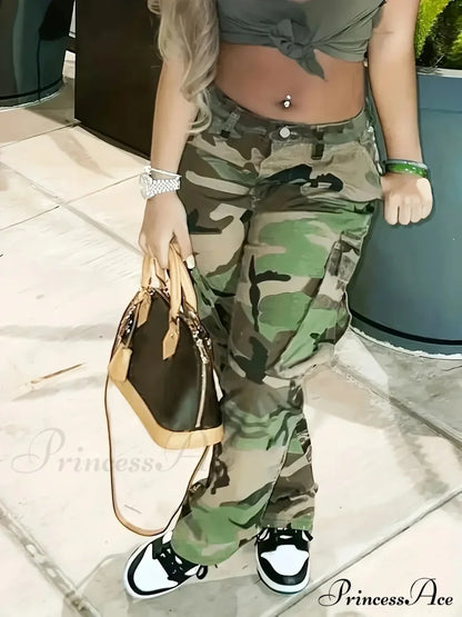Camo Print Side Flap Pocket Cargo Loose Fit Stretchy Y2K Kpop Denim Women's Denim & Clothing Jean